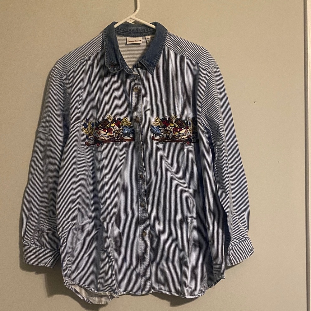 Striped Blue Button Down Shirt with Embroidery